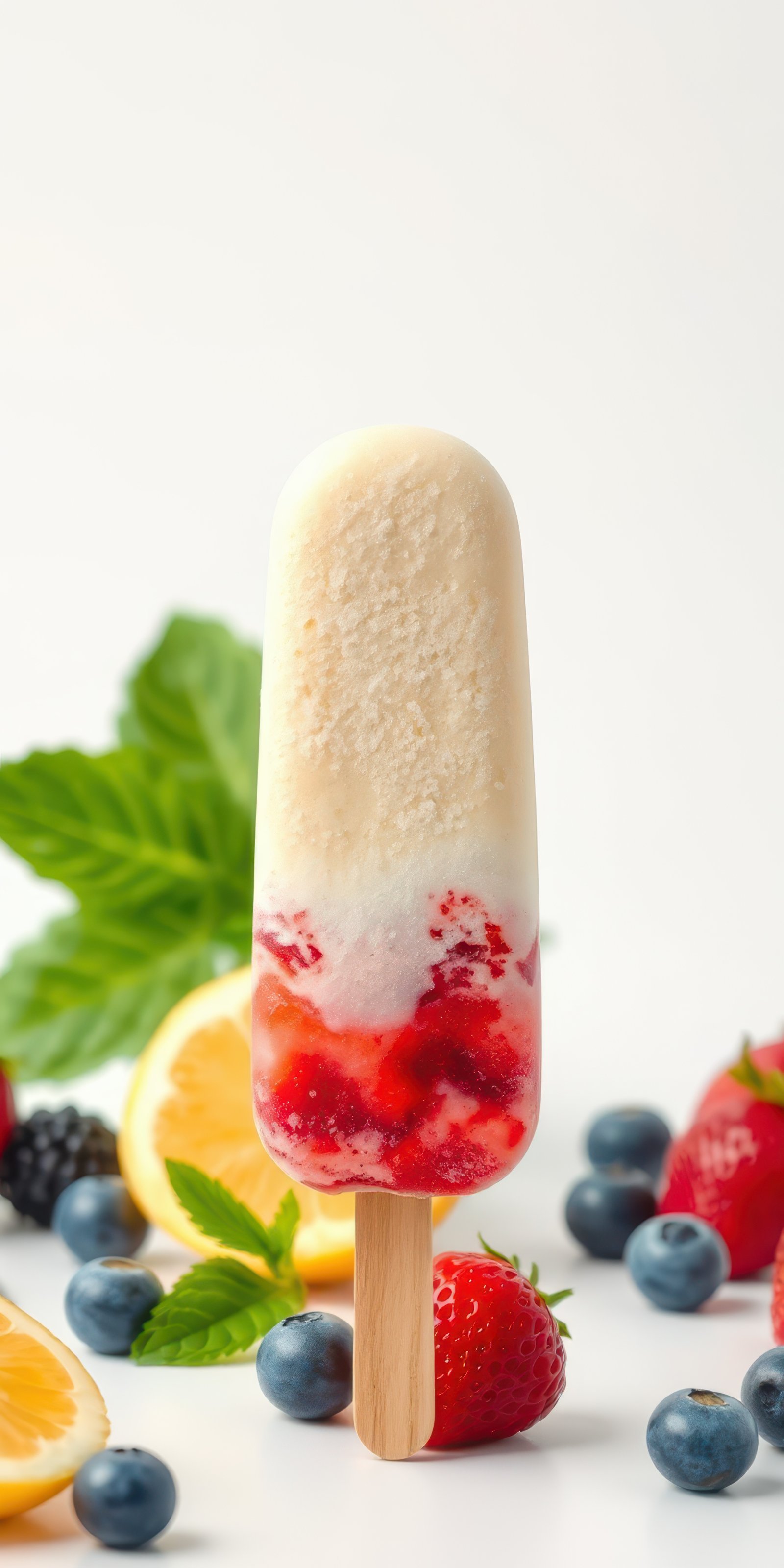 Homemade fruit popsicle with layers of strawberry, lemon, and blueberry on a white background
